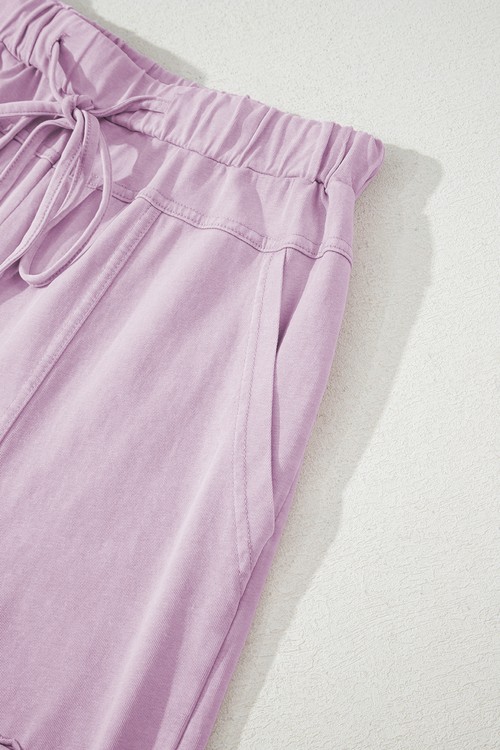Pink Mineral Wash Exposed Seam Drawstring Elastic Waistband Wide Leg