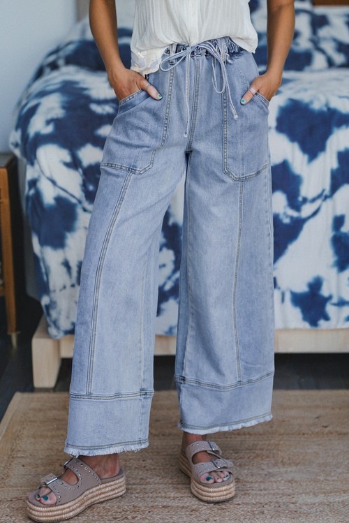 Beau Blue Drawstring Seam Detail Raw Hem Wide Leg Denim