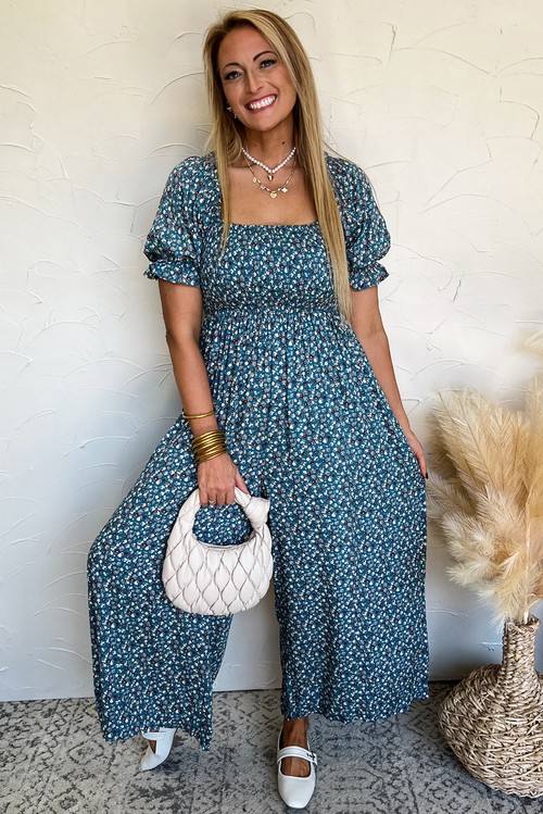 Blue Vintage Boho Floral Smocked Short Puff Sleeve Wide Leg