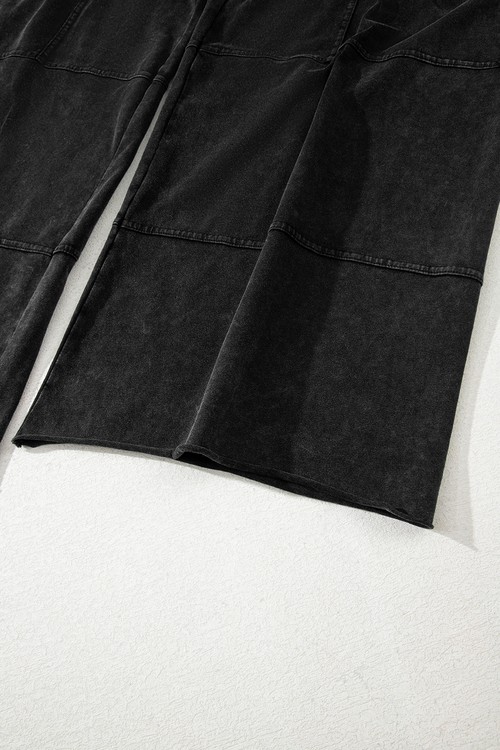 Black Mineral Wash Exposed Seam Drawstring Elastic Waistband Wide Leg