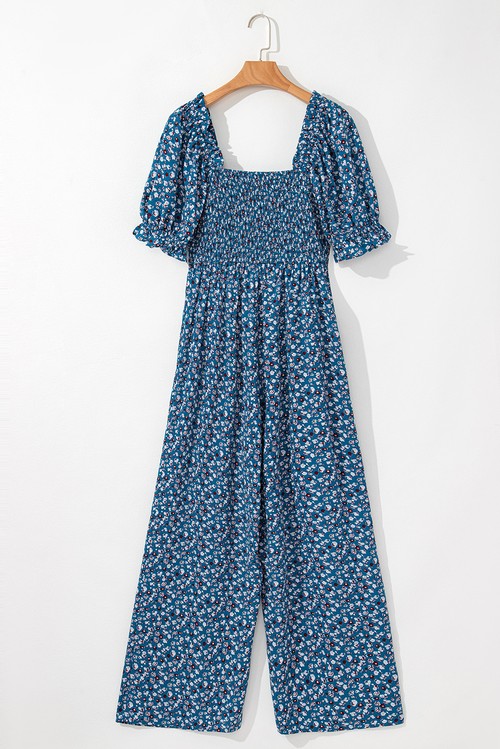 Blue Vintage Boho Floral Smocked Short Puff Sleeve Wide Leg