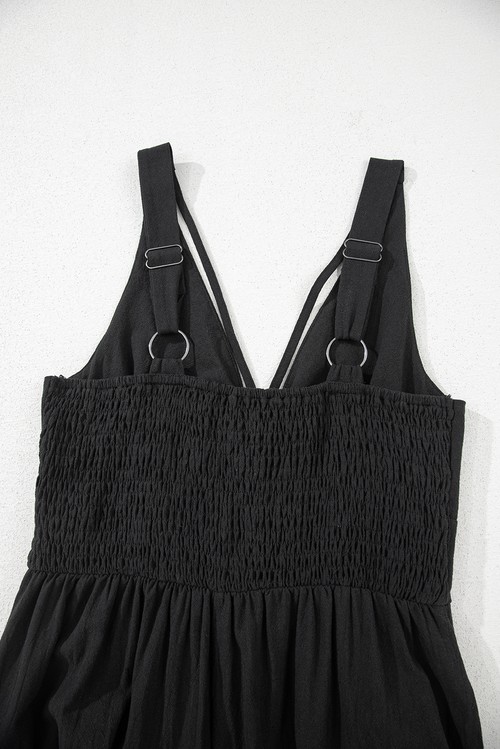 Black Front Cut Out Smocked Back Sleeveless Wide Leg Jumpsuit