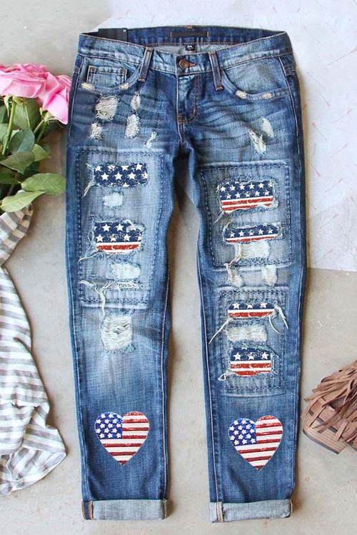 Sky Blue Heart shape American Flag Patch Frayed Jeans