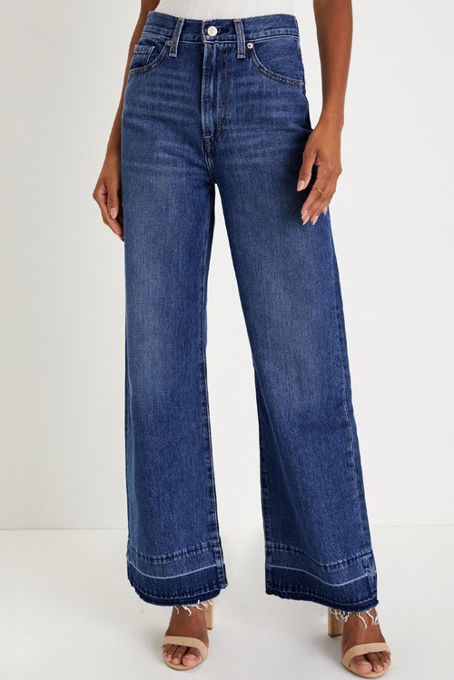 Navy Blue Raw Hem Unique Cuffs Straight High Rise Loose