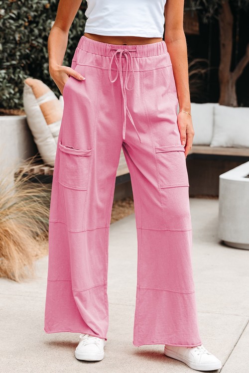 Bonbon Mineral Wash Exposed Seam Drawstring Elastic Waistband Wide Leg