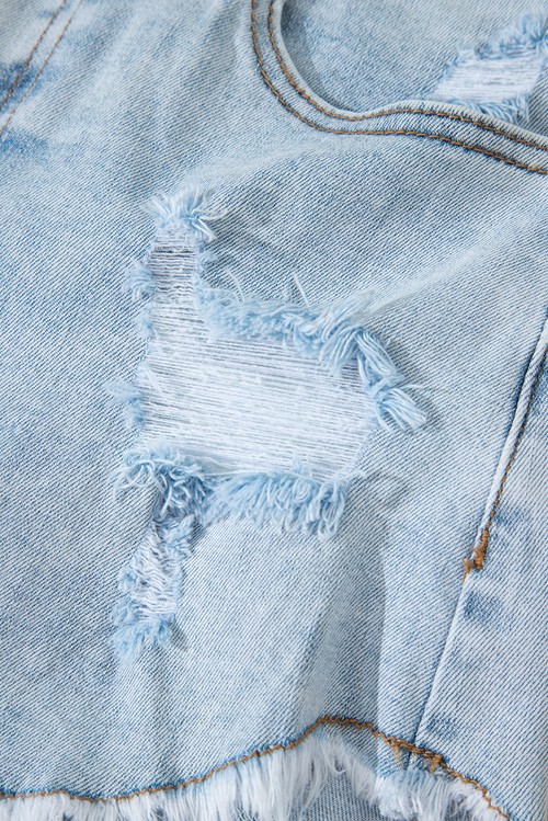 Beau Blue High Rise Distressed Raw Hem Denim Shorts