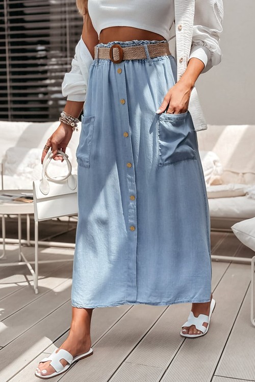 Beau Blue Buttoned Front High Waist Side Pockets Denim Maxi