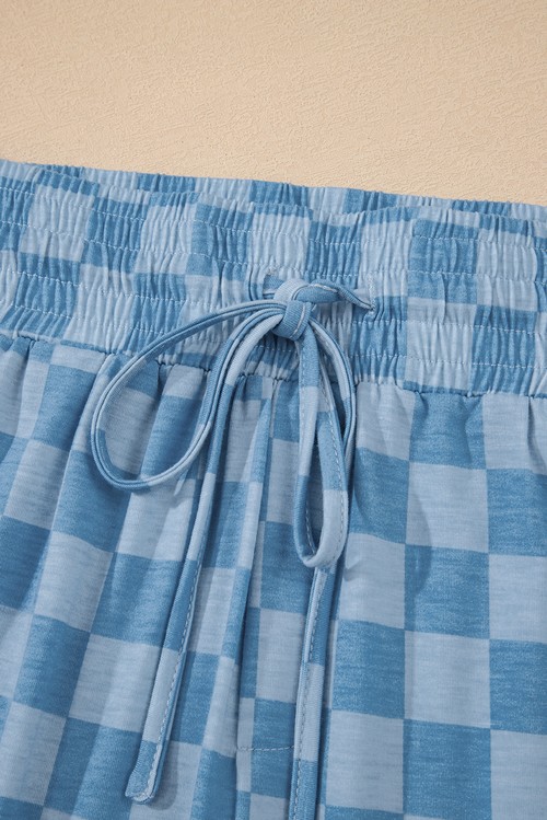 Sky Blue Checkered Elastic High Waist Loose Casual Pants