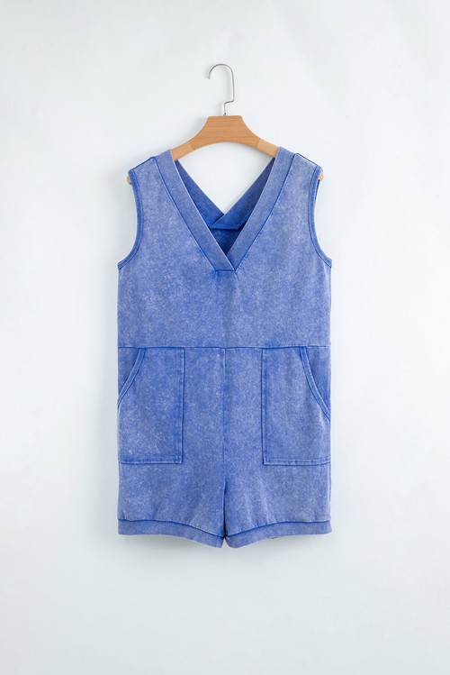 Sky Blue Mineral Wash Pocketed Sleeveless V Neck Loose Romper