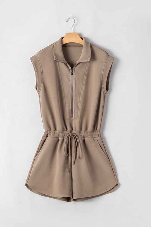 Dark Khaki Textured Short Sleeve Half Zip Drawstring Elastic Waistband