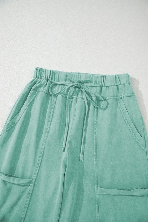 Mint Green Mineral Wash Exposed Seam Drawstring Elastic Waistband Wide