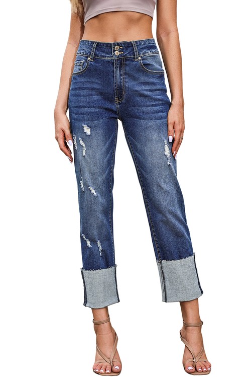 Blue 2 High Waist Distressed Straight Leg Jeans