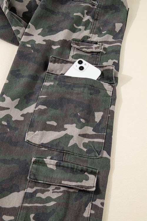 Green Camo Denim Cargo Wide Leg Pants