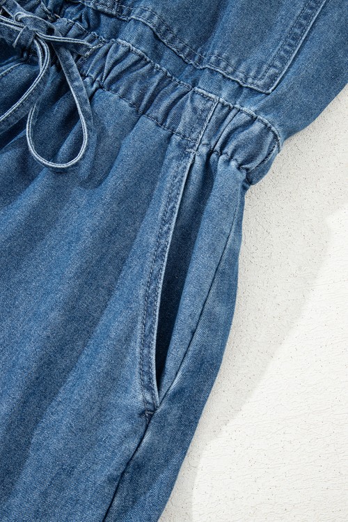 Sky Blue Buckle Straps Bib Style Tied Backless Flared Denim