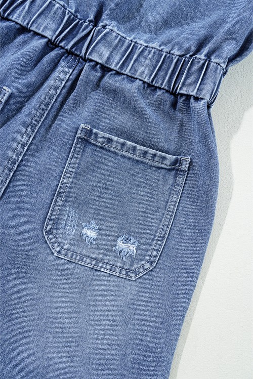 Dusk Blue Chest Pocket Front Buttoned Folded Edge Denim Short