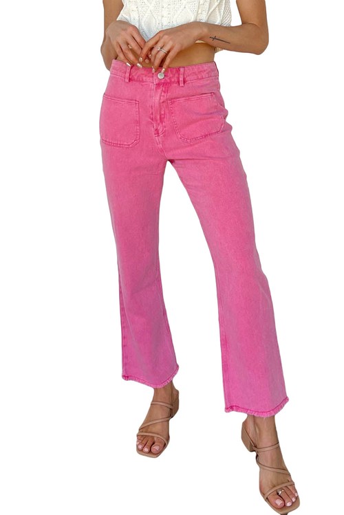 Pink Ankle length Flare Leg Raw Hem Jeans