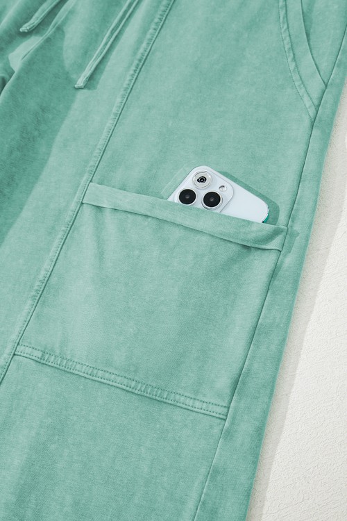 Mint Green Mineral Wash Exposed Seam Drawstring Elastic Waistband Wide