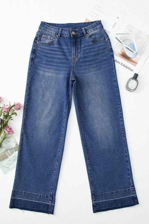 Navy Blue Raw Hem Unique Cuffs Straight High Rise Loose