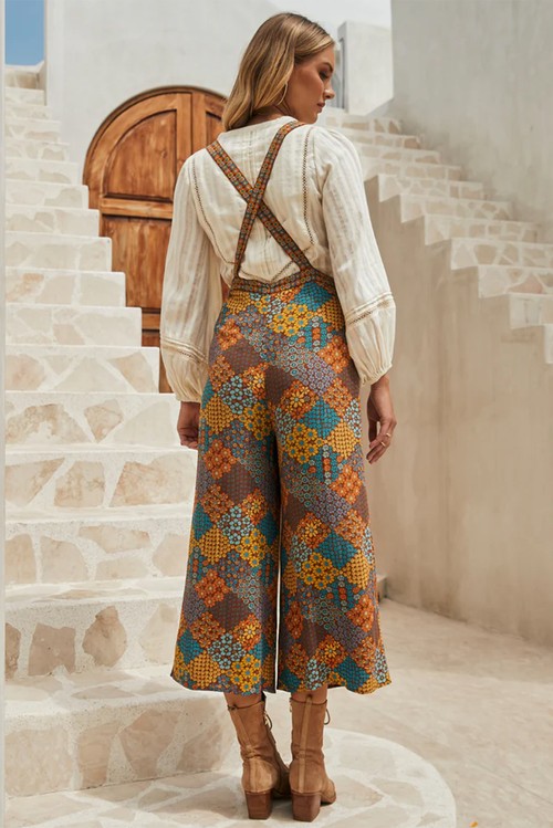 Multicolour Boho Floral Print Crossed Straps Ankle length Jumpsuit
