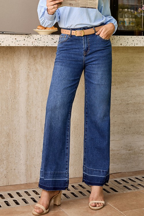 Navy Blue Raw Hem Unique Cuffs Straight High Rise Loose