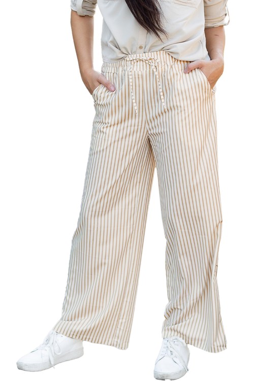 Khaki Stripe Print Wide Leg Drawstring Elastic Waistband Pants