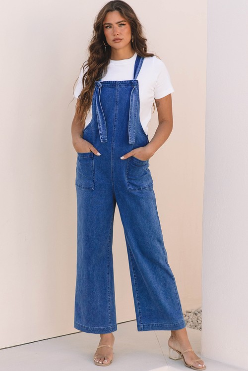 Prussian Blue Mineral Wash Knotted Strap Patched Pocket Wide Leg
