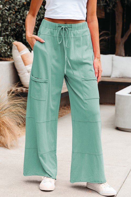 Mint Green Mineral Wash Exposed Seam Drawstring Elastic Waistband Wide
