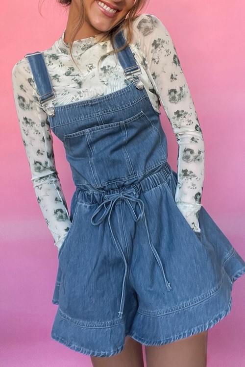 Sky Blue Buckle Straps Bib Style Tied Backless Flared Denim