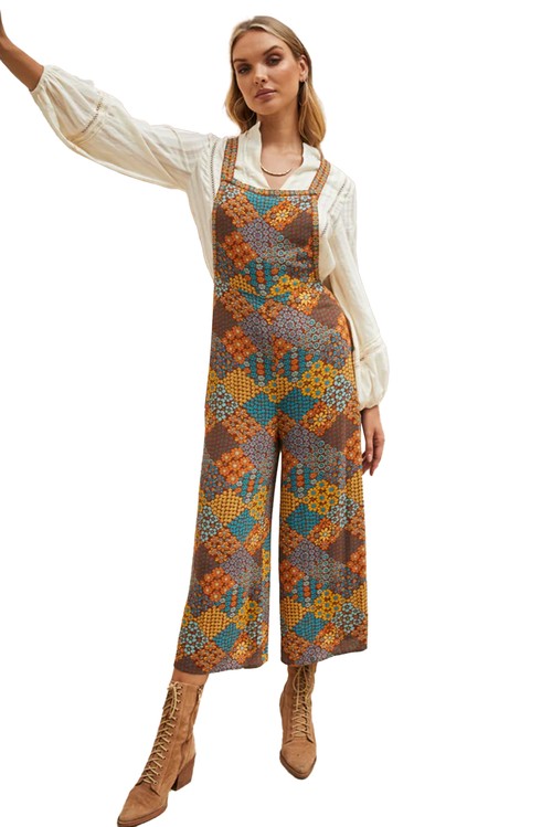 Multicolour Boho Floral Print Crossed Straps Ankle length Jumpsuit