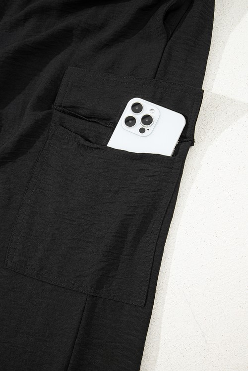 Black Drawstring Frilled Elastic Waistband Wide Leg Utility Trousers