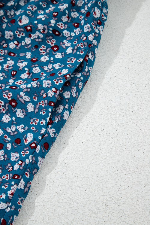 Blue Vintage Boho Floral Smocked Short Puff Sleeve Wide Leg