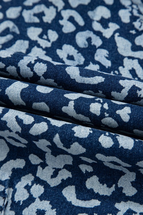 Blue Leopard Printed Drawstring Elastic Waistband Pocketed Wide Leg Jeans