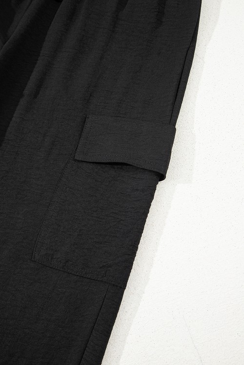 Black Drawstring Frilled Elastic Waistband Wide Leg Utility Trousers
