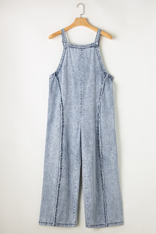 Beau Blue Light Wash Frayed Exposed Seam Wide Leg Denim