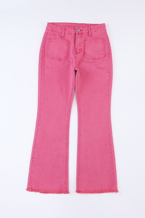 Pink Ankle length Flare Leg Raw Hem Jeans