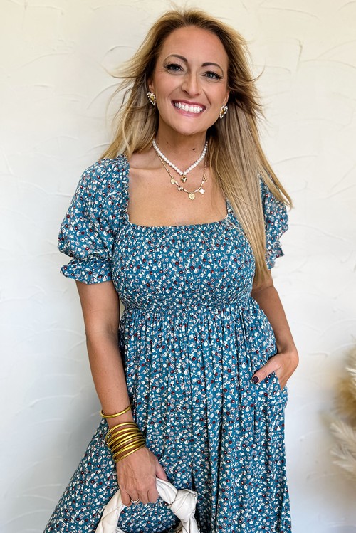 Blue Vintage Boho Floral Smocked Short Puff Sleeve Wide Leg