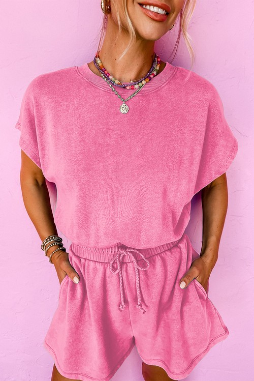 Bonbon Mineral Wash Drawstring Elastic Waistband Hollow Out Back Short