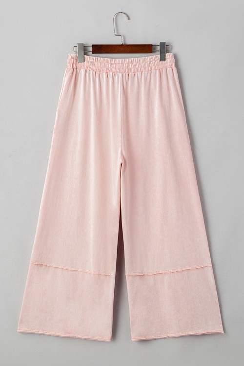 Pink Flower Patch Mineral Washed Terry Knit Cropped Wide Leg