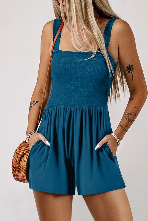 Blue Casual Pocketed Smocked Sleeveless Romper