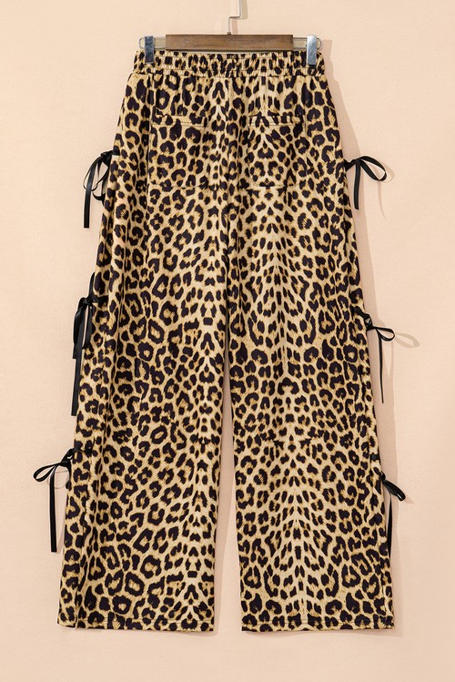 Brown Leopard Print Bow Tie Elastic Waistband Loose High Waist