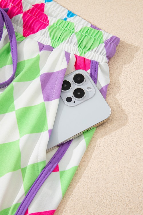Multicolour Checkered Drawstring Elastic Waist Casual Shorts