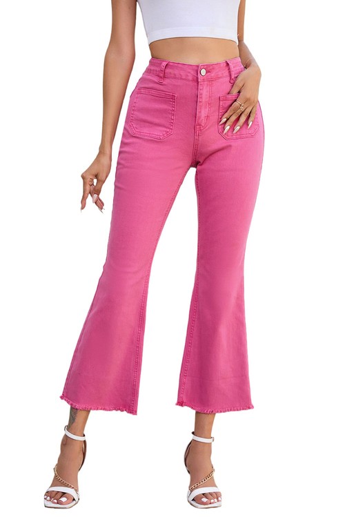 Pink Ankle length Flare Leg Raw Hem Jeans