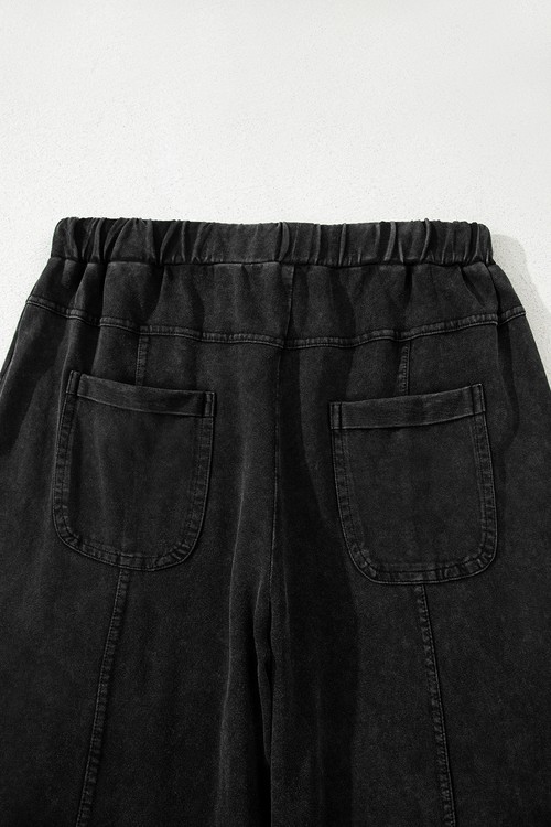 Black Mineral Wash Exposed Seam Drawstring Elastic Waistband Wide Leg