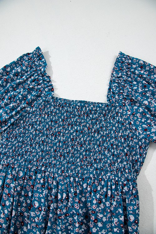 Blue Vintage Boho Floral Smocked Short Puff Sleeve Wide Leg