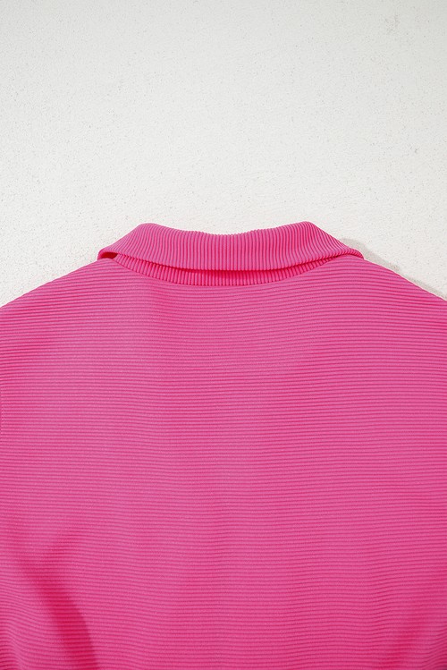 Rose Red Textured Short Sleeve Half Zip Drawstring Elastic Waistband