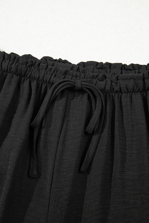 Black Drawstring Frilled Elastic Waistband Wide Leg Utility Trousers