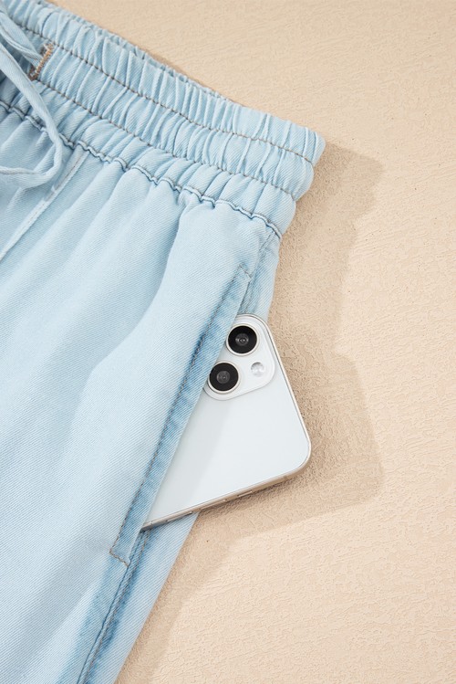 Beau Blue Light Wash Contrast Trim Center Seam Drawstring Elastic