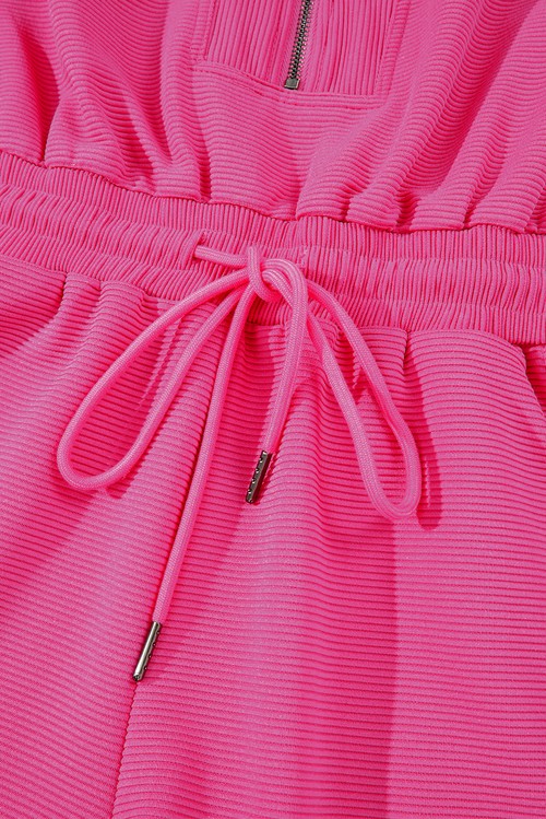 Rose Red Textured Short Sleeve Half Zip Drawstring Elastic Waistband