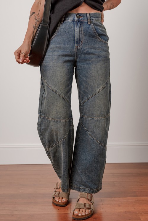 Sail Blue Exposed Stitching Loose Straight High Waist Jeans