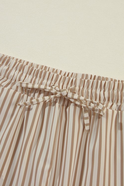 Khaki Stripe Print Wide Leg Drawstring Elastic Waistband Pants